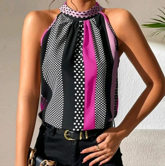 COPY - Polka Dot Print Key Hole Back Halter Neck Blouse - Picture 6 of 6